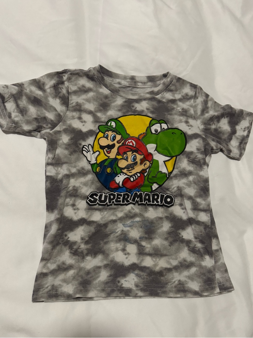 Nintendo Super Mario Tie-Dye Grey Kids Tee with Mario, Luigi & Yoshi